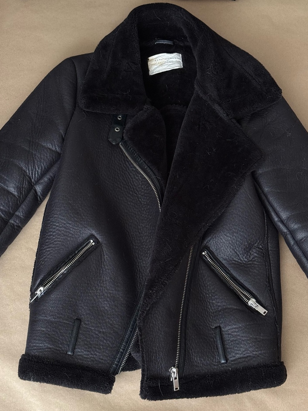 Zara Black Shearling-Trim Leather Moto Jacket